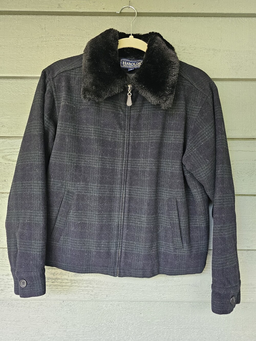 VTG Harold's Blackwatch Tartan Plaid Wool Mackinaw Jacket Fur Collar Women's S